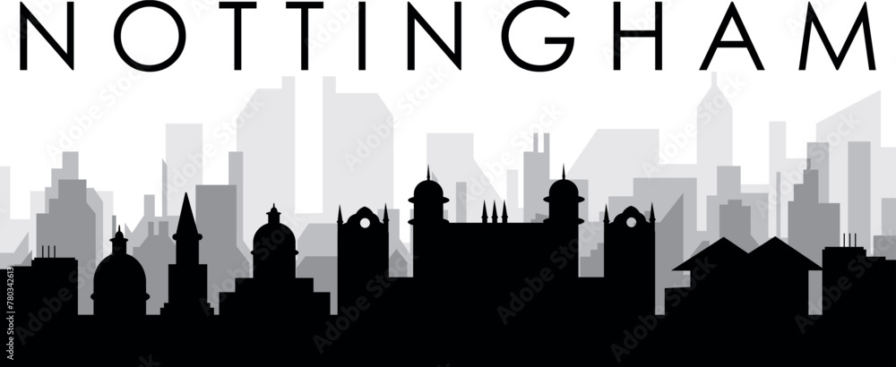 Fototapeta premium Black cityscape skyline panorama with gray misty city buildings background of NOTTINGHAM, UNITED KINGDOM