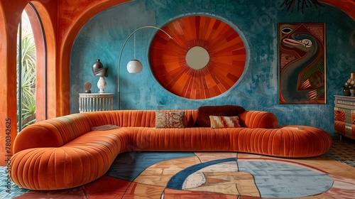 Eclectic Interior Design with Colorful Sofa and Artistic Decor