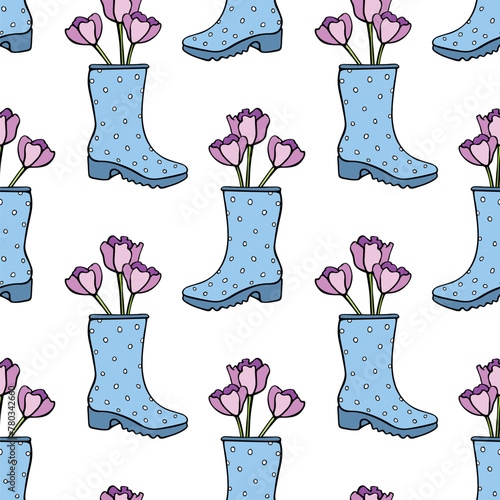Vector seamless pattern with tulip flowers in rubber rain boots. Hand drawn doodle cute bright texture, backdrop for wrapping paper, textile. Topic of spring, gardening, blooming nature