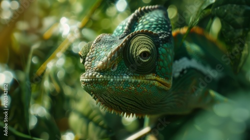 green chameleon with green leaves on the background