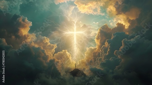 Dawn of Divinity: Radiant Cross Shape in Clouds Marks Jesus' Ascension to Heaven photo