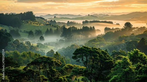 Breathtaking view of the trees and foggy hills captured at sunset in Hawke's Bay,  ,Generative ai,  © irvan