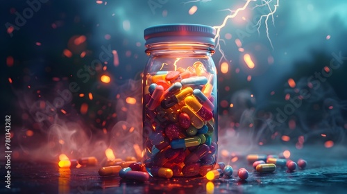 Dramatic Lightning Striking Jar of Colorful Prescription Pharmaceuticals
