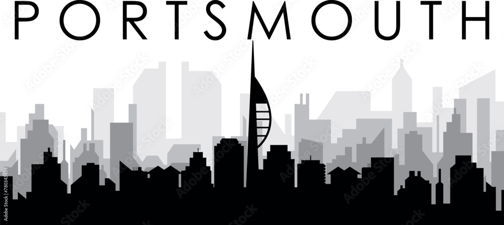 Black cityscape skyline panorama with gray misty city buildings background of PORTSMOUTH, UNITED KINGDOM Black cityscape skyline panorama with gray misty city buildings background of PORTSMOUTH, UNITED KINGDOM