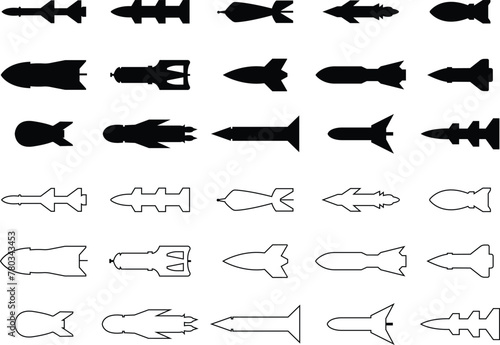 Set of Missile icons in flat styles editable stock. Combat rocket weapons. Nuclear atomic warhead symbols. Army or military guided Missile signs. Air missile attack for web on transparent background.