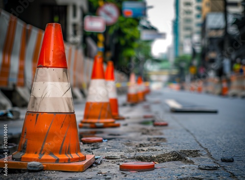 photo of traffic cones on asphalt in a parking lot, with the focus on the cone in front, taken outdoors during the day