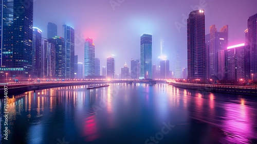 Riverside Metropolis: Vibrant Twilight Scene./n © Крипт Крпитович