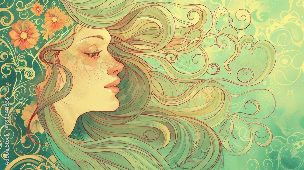 A Graceful Beautiful Woman with Flowing Hair and Floral Accents in Art Nouveau Style