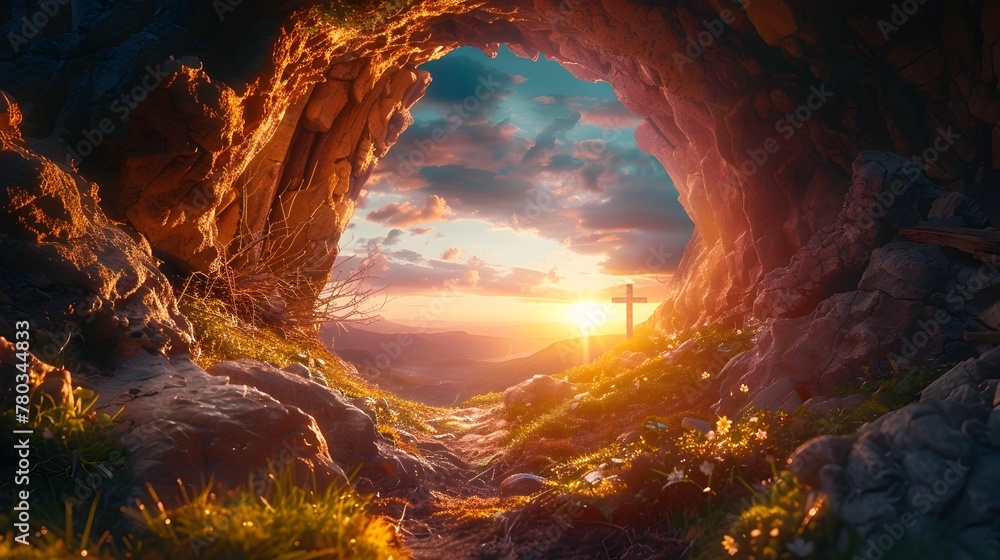 Easter Dawn: Empty Tomb with Cross on Mountain at Sunrise - A Creative Concept of Resurrection and Hope