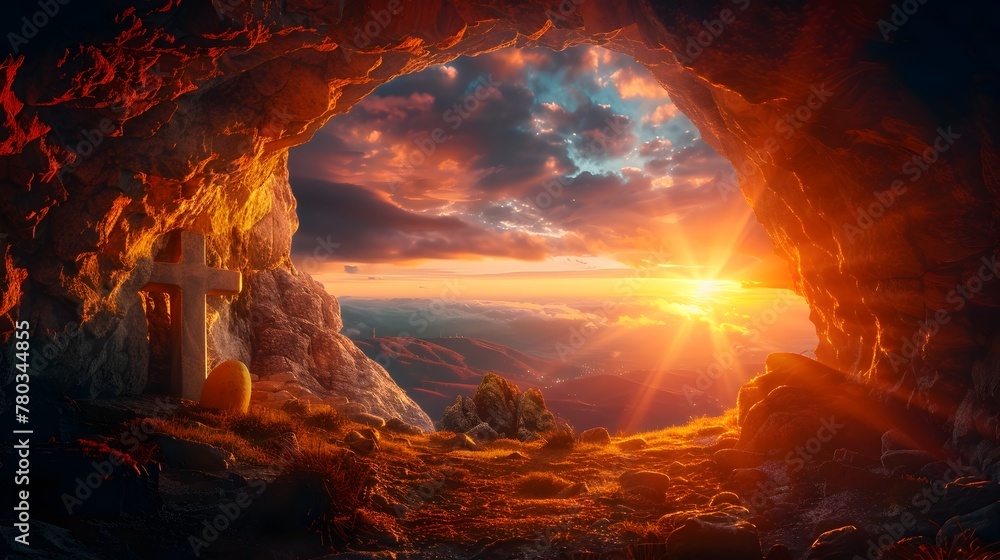 Easter Dawn Resurrection: Empty Tomb on Radiant Mountain at Sunrise, Inspiring Hope and Faith