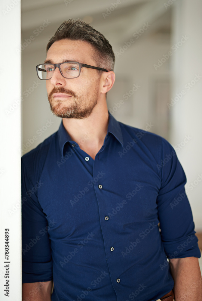 Obraz premium Thinking, planning and businessman in office for inspiration, idea or future goals. Professional, thoughtful and male person for decision, opportunity or contemplating company growth in workplace