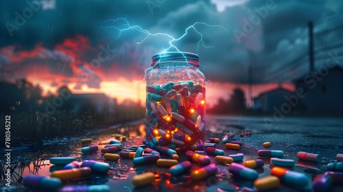 Electrifying Jar of Psychedelic Pills Amid Stormy Skies