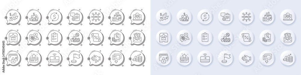 Inspect, Dao and Tax document line icons. White pin 3d buttons, chat bubbles icons. Pack of Loyalty card, Checklist, Sale icon. Milestone, Growth chart, Vip ticket pictogram. Vector Inspect, Dao and Tax document line icons. White pin 3d buttons, chat bubbles icons. Pack of Loyalty card, Checklist, Sale icon. Milestone, Growth chart, Vip ticket pictogram. Vector