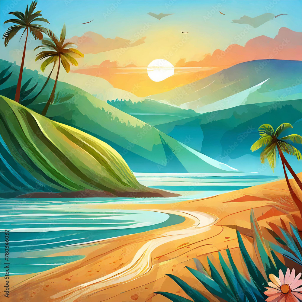 beach with palm trees tropical island summer theme
