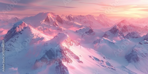 Light pink and gold geometric abstract, pastel tones, high-res image capturing snow-covered mountains at sunset.