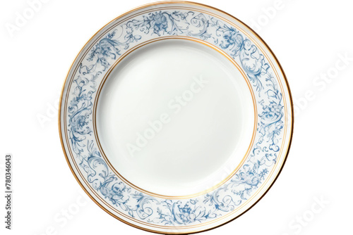 Blue and White Plate With Gold Trim. On a White or Clear Surface PNG Transparent Background.