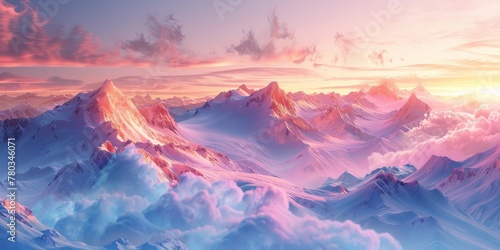 Light pink and gold geometric abstract, pastel tones, high-res image capturing snow-covered mountains at sunset.