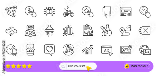 Loyalty star, Buy currency and Journey line icons for web app. Pack of Cloud share, Radiator, Chemistry experiment pictogram icons. Security lock, Web report, Auction signs. Star. Search bar. Vector