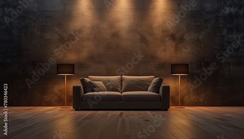Dark interior design of a modern living room with a sofa and lamps on a wooden floor and empty walls for text or advertisements photo