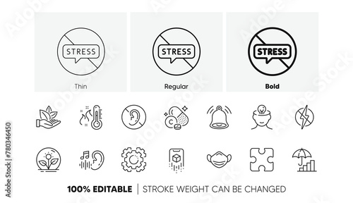 Bell alert, Antistatic and Augmented reality line icons. Pack of Hearing, High thermometer, No hearing icon. Puzzle, Incubator, Vitamin c pictogram. Mental health, Medical mask, Stop stress. Vector