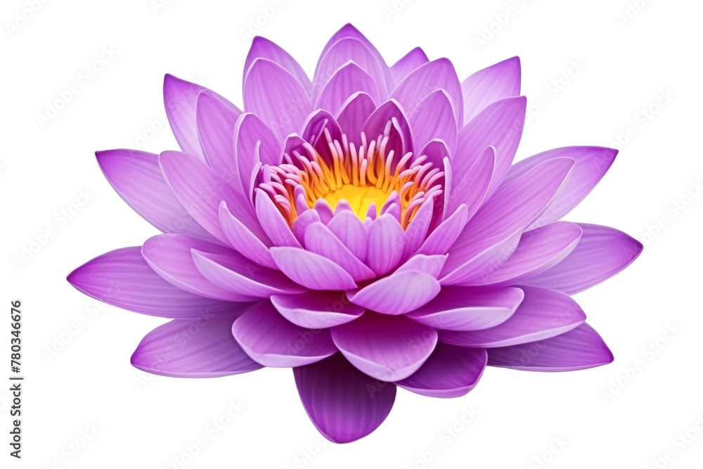 Obraz premium Purple Flower With Yellow Center on White Background. On a White or Clear Surface PNG Transparent Background.