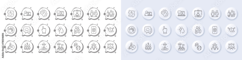 Online education, Do not touch and Meeting line icons. White pin 3d buttons, chat bubbles icons. Pack of Medical vaccination, Winner, Squad icon. Fraud, Friends chat, Smile face pictogram. Vector Online education, Do not touch and Meeting line icons. White pin 3d buttons, chat bubbles icons. Pack of Medical vaccination, Winner, Squad icon. Fraud, Friends chat, Smile face pictogram. Vector