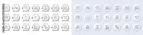 Online education, Do not touch and Meeting line icons. White pin 3d buttons, chat bubbles icons. Pack of Medical vaccination, Winner, Squad icon. Fraud, Friends chat, Smile face pictogram. Vector