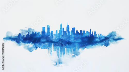 Watercolor silhouette of a city skyline enveloped in blue mist. photo