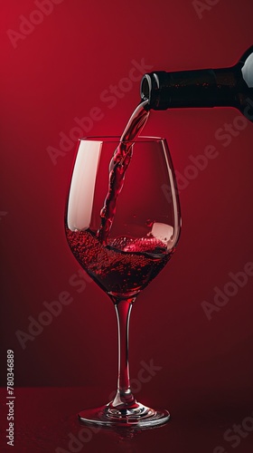 Red wine is poured from a bottle into a glass, photography, minimalism, scarlet background