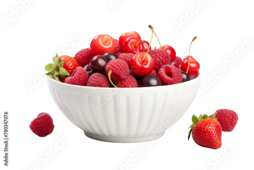 White Bowl Filled With Cherries and Strawberries. On a White or Clear Surface PNG Transparent Background.