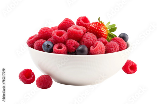 White Bowl Filled With Raspberries and Blueberries. On a White or Clear Surface PNG Transparent Background.