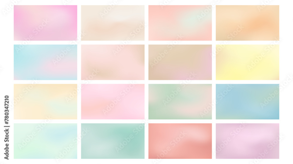 Naklejka premium Abstract gradient banner set. Blurred light fresh color background. Pastel pink, blue, mint, yellow, beige smooth spots. Neutral Liquid stain copy space banner. Vector gentle template illustration