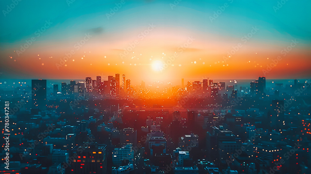 Fototapeta premium Golden Sunset Over Urban Skyline, Cityscape Silhouette with Warm Evening Light, Peaceful Scenery