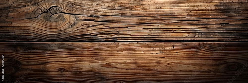 Dark brown wooden background with a rough texture and old wood grain, top view. Wooden table or floor with a worn surface. Vintage wood wall banner for design,	
