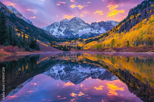 A breathtaking landscape of the Rocky Mountains at sunrise, Reflection of snow-capped mountain and autumn trees on tranquil lake at dusk, sky painted in shades of pink and blue.