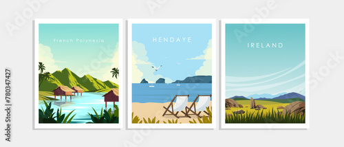 Set of tourist posters, postcards, banners, travel