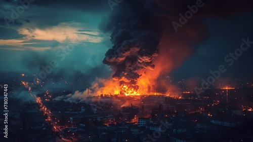 Intense Nocturnal Urban Blaze Emitting Billowing Carcinogenic Smoke Signaling Catastrophic Environmental Disaster
