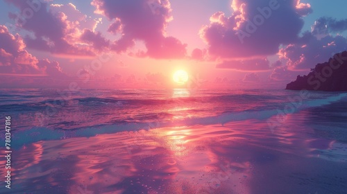 sunset on the beach with vaporwave tone color, suitable for wallpaper, posters, etc. Generative AI photo