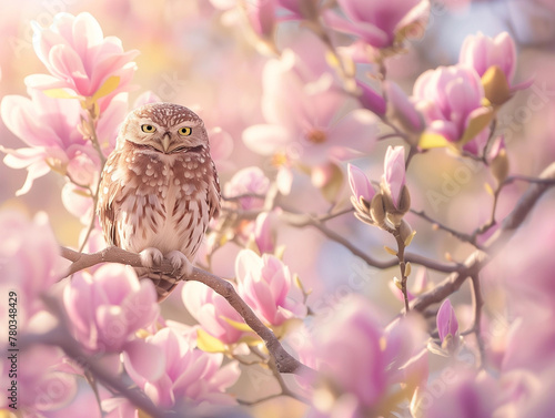 A cute little owl perched on the edge of an enchanting magnolia tree, surrounded by blooming flowers in soft pastel hues, creating a dreamy and magical atmosphere. Owl on  magnolia tree