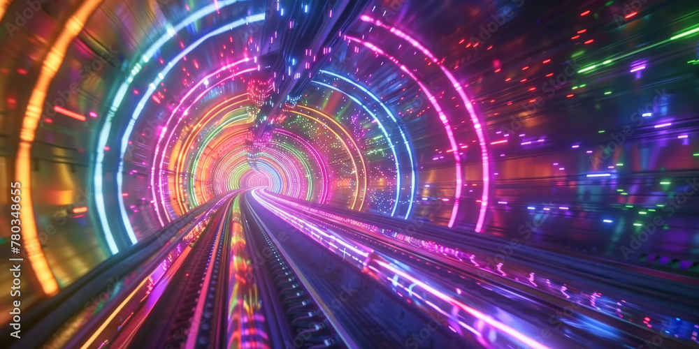 High-speed light trails through the tunnel, 3d colorful blue red pink oraange glowing grid tunnel with black hole, Cosmic wormhole. Abstract colorful tunnel banner