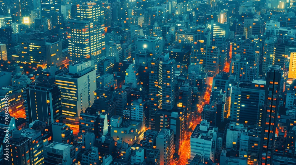 A stunning aerial view of a modern city at night. The city is full of tall buildings, skyscrapers, and bright lights.