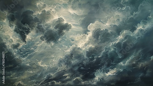 A stormy sky with dark clouds and bright lightnings. The clouds are depicted in a realistic manner, with a variety of shapes and sizes.