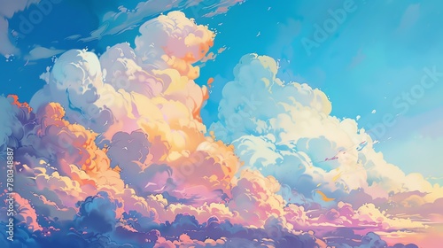 A beautiful painting of a blue sky filled with fluffy white clouds. The clouds are lit by a warm glow, giving the scene a peaceful and serene feeling.