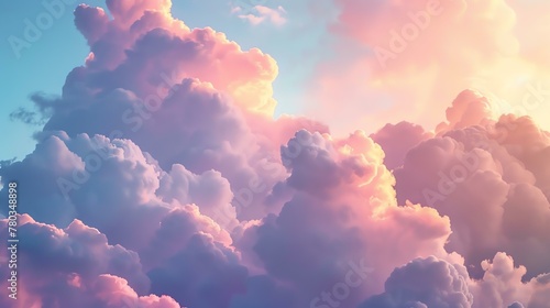 A beautiful sky filled with pink, blue, and violet clouds. The clouds are soft and fluffy, and they look like they are floating in the air.