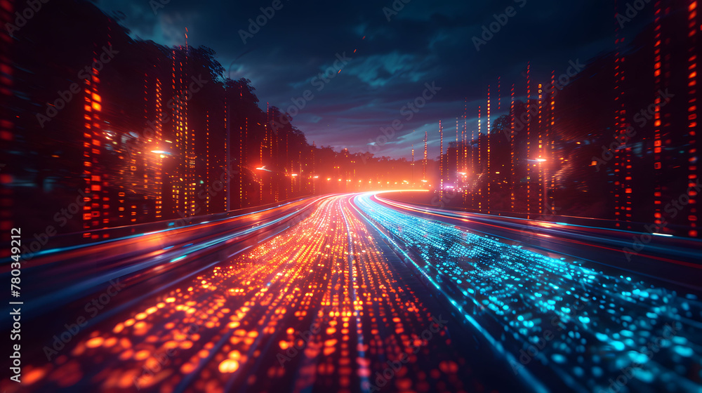 Abstract technology background of high speed global data transfer, ultra fast broadband and connection, digital cyber tech motion, hologram wave. Generative ai Abstract technology background of high speed global data transfer, ultra fast broadband and connection, digital cyber tech motion, hologram wave. Generative ai