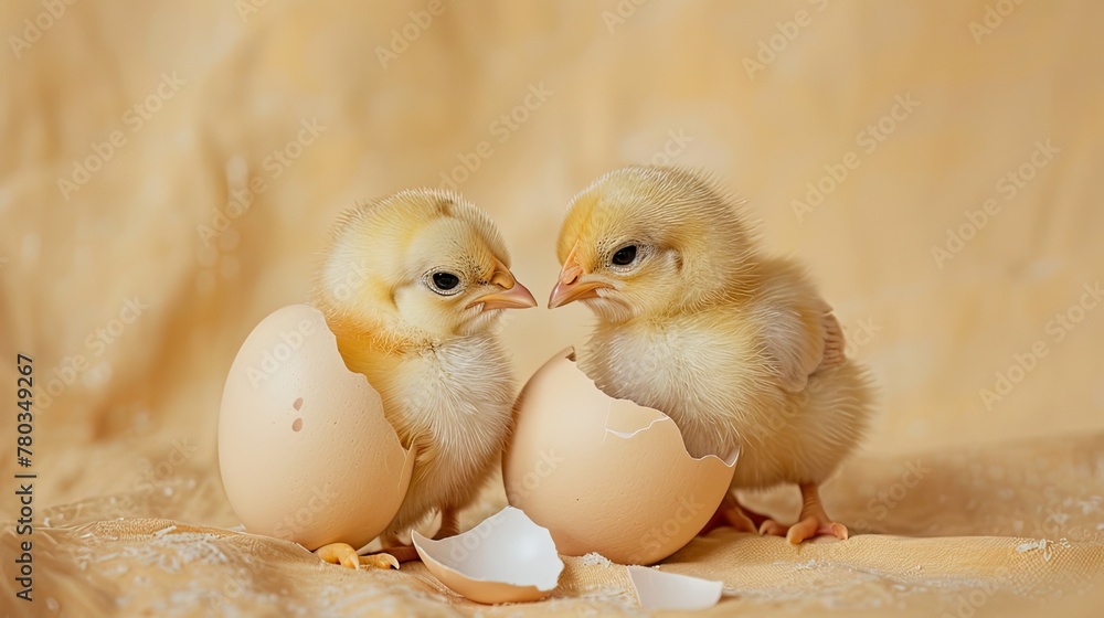 Closeup of adorable chicks and eggshell fragments on beige, celebrating the arrival of sweet baby animals. Closeup of adorable chicks and eggshell fragments on beige, celebrating the arrival of sweet baby animals.