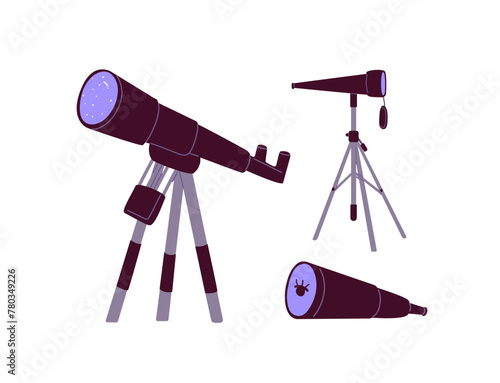 Astronomy telescopes on tripod set. Science tools for discover, exploration for space. Planetarium spyglass for observation of sky. Optical glass scopes. Flat isolated vector illustration on white