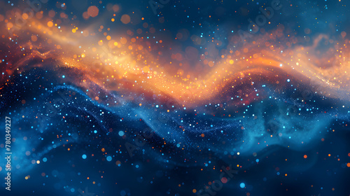 A blue background with orange defocused sparkles falling down. Abstract banner with smokey dark blue backdrop and illuminated bokeh particles in red and amber orange colors. Generative Ai.