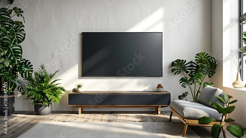 Modern Living Room: Wall Mounted TV with Minimalist Decor Arrangement photo