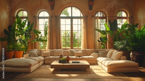Elegant Sunlit Living Room with Lush Indoor Plants